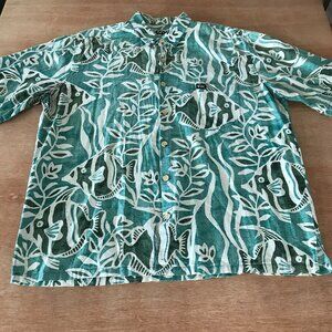 Rix Hawaiian Shirt Men XXL Blue Fish Print Button Up Pocket Short Sleeve 16941